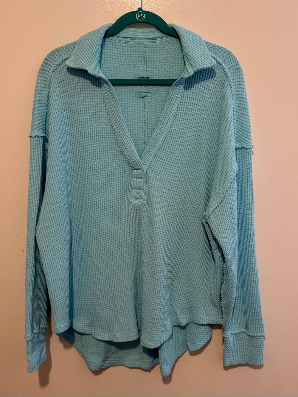 Aerie Offline Blue Waffle Knit Collared Button Long Sleeve Pullover Size Small